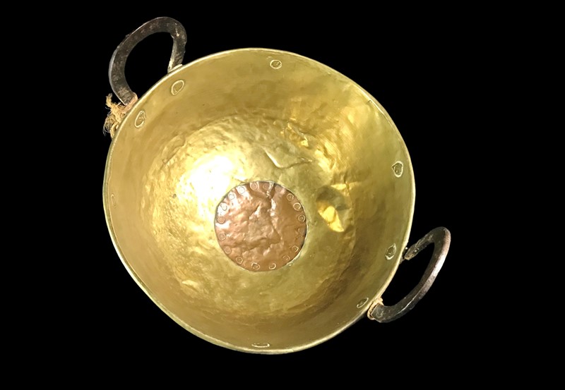 Brass cauldron with riveted copper repair -pretty-blue-floral-7ca234a6-84fb-480e-8d36-d3f4e8ea595e-main-638073473013563142.jpeg