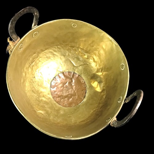 Brass Cauldron With Riveted Copper Repair 
