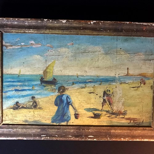 Charming Oil On Wood Antique Seascape 