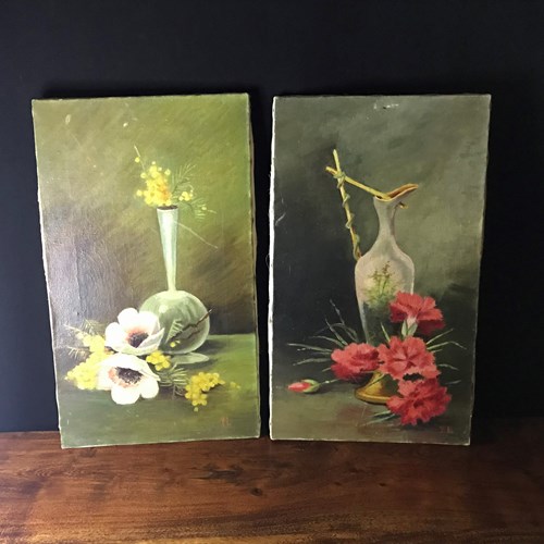 Oil On Canvas Pair, Pretty Flowers