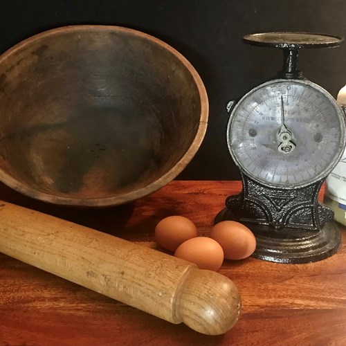 Wooden Bakers Bowl , Scales And Rolling Pin