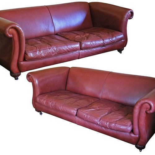 Pair Of Derwent Leather Scroll-Arm Sofas – Large Retro Vintage C.2000, Quality