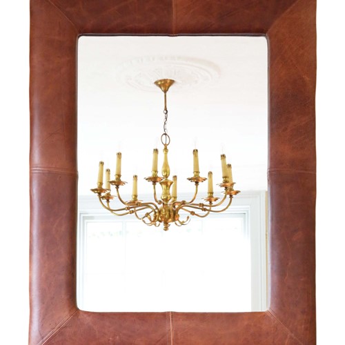 Retro Large Brown Leather Overmantle Mirror