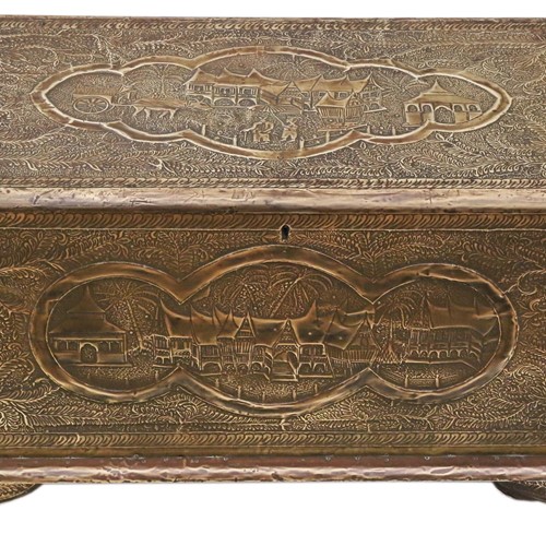 Antique Chinoiserie brass coffer chest