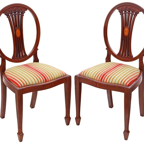 Antique Pair Of Georgian Revival Inlaid Mahogany Side Hall Bedroom Chairs