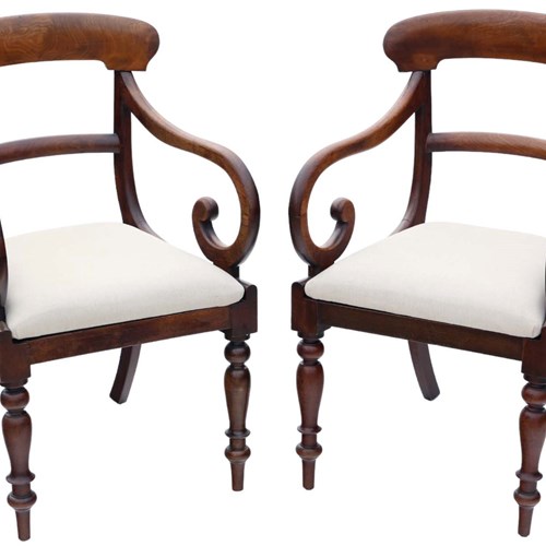 Antique Pair Of 19Th Century Mahogany Scroll Arm Elbow Chairs - Carver Dining