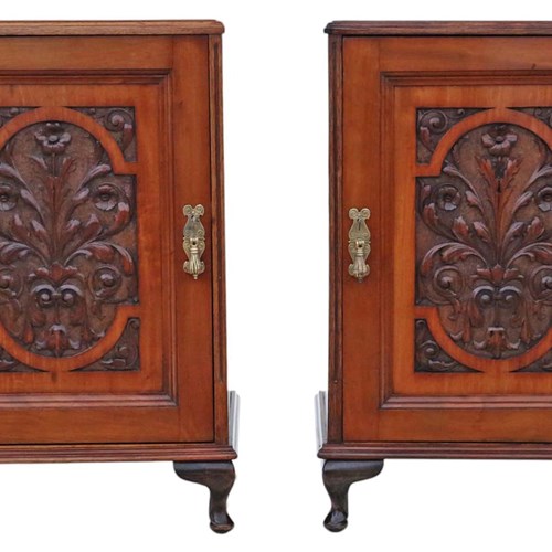  Pair Of Antique Carved Walnut Bedside Tables Quality Vintage Cupboards Drawers