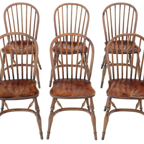  Antique Set Of 6 Georgian Revival C.1920 Ash Elm Windsor Kitchen Dining Chairs
