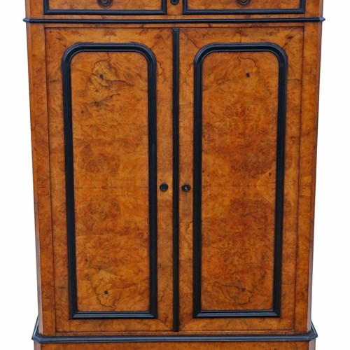 Antique 19Th C. Ebonised & Burr Walnut Cabinet Press Cupboard With Marble Top