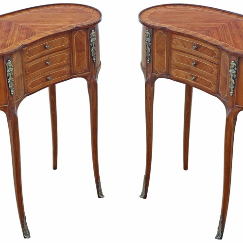 Antique C.1925 Pair Of Kidney-Shaped Inlaid Veneer Bedside Tables / Cupboards 