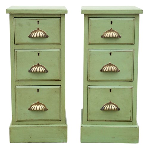 Quality Pair Of Antique Vintage Green Painted Bedside Tables / Chests /Cupboards