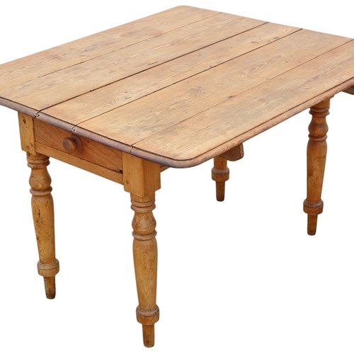 Antique 19Th Century Victorian Pine Folding Drop Leaf Kitchen Table With Drawer 