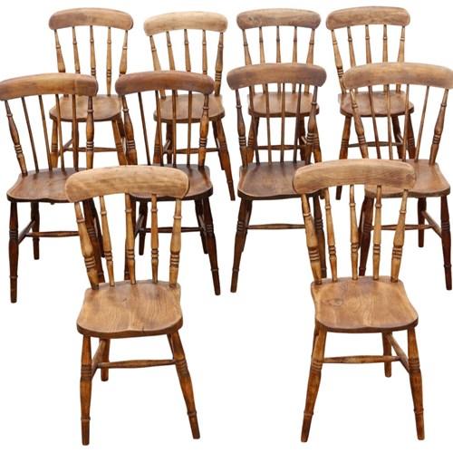 Antique Harlequin Set Of 10 Victorian Elm & Beech Kitchen Dining Chairs