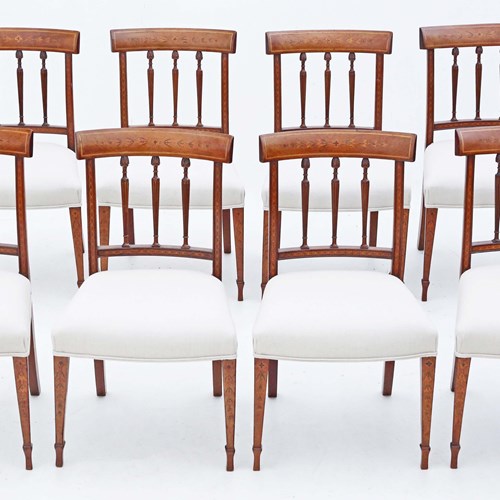 Antique Fine Quality Set Of 8 Mahogany Marquetry Dining Chairs 19Th Century