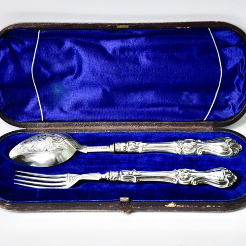 Antique Cased Fork & Spoon Set Birmingham 1875 By Hilliard & Thomason