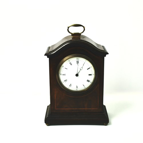 Antique French Mahogany Cased Clock With Stringing - Enamel Clock Face - Handle