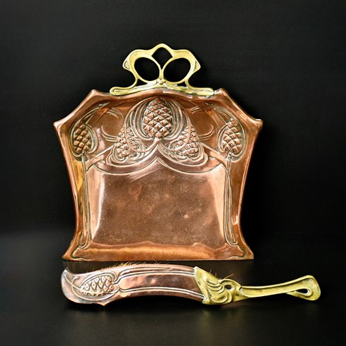 Antique Art Nouveau Copper And Brass Crumb Pan And Brush With Pine Cones