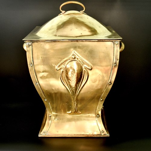 Antique Art Nouveau Brass Coal Bucket With Lid And Insert Archibald Knox Style