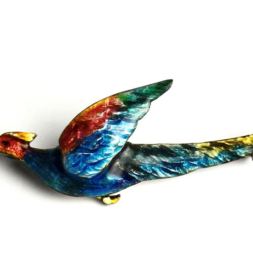 Antique German Silver And Guilloche Enamel Bird Brooch .835 Silver