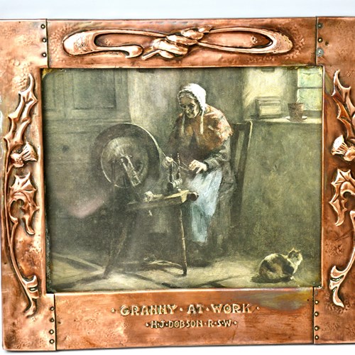 Antique Arts & Crafts Copper Framed Print "Granny At Work" By HJ Dobson RSW