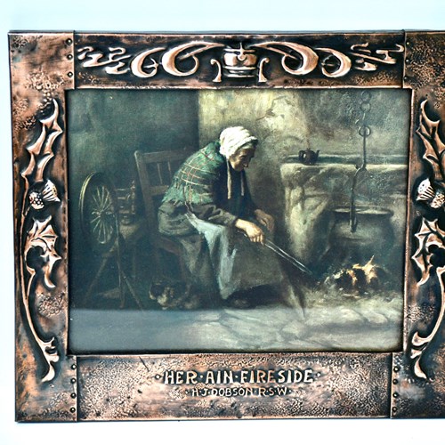 Antique Arts & Crafts Copper Framed Print "Her Ain Fireside" By HJ Dobson RSW
