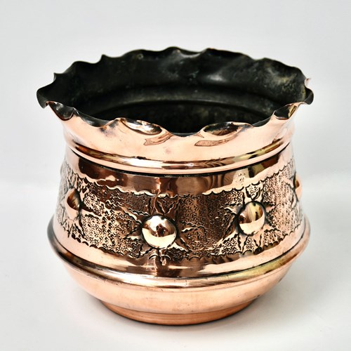 Antique Arts And Crafts Period Copper Jardiniere With Hand Decorated Sun Design
