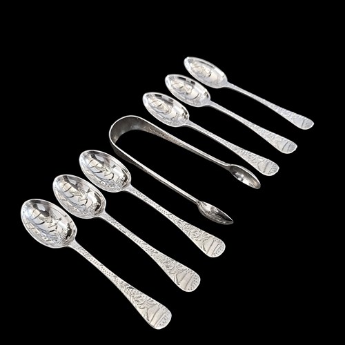 Victorian Sterling Silver 6 Teaspoons & Sugar Tongs London 1883 Engraved 110G