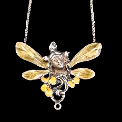 Antique Art Nouveau Silver And Enamel Pendant With 15 Inch Silver Chain