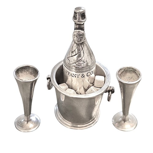 Silver Miniature Tiffany & Co Champagne Bottle, Bucket, 2 Flutes & Ice Cubes