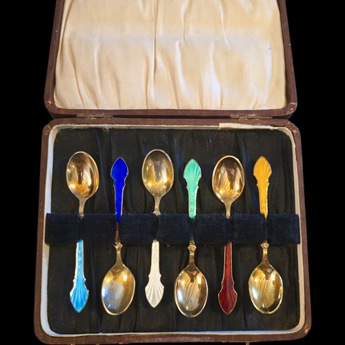 1950S MEKA Denmark Sterling & Gilt Coffee Spoons – Guilloché Enamel Set