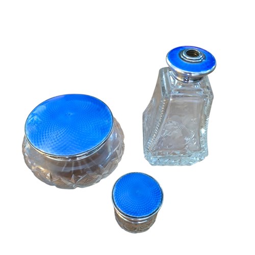 Sterling Silver And Guilloche Blue Enamel Dressing Table Jars 1930 W/Hat Pin Jar