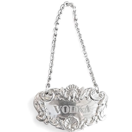 Sterling Silver Decanter Bottle Label "Vodka" Hallmarked 1992 Birmingham By C&C
