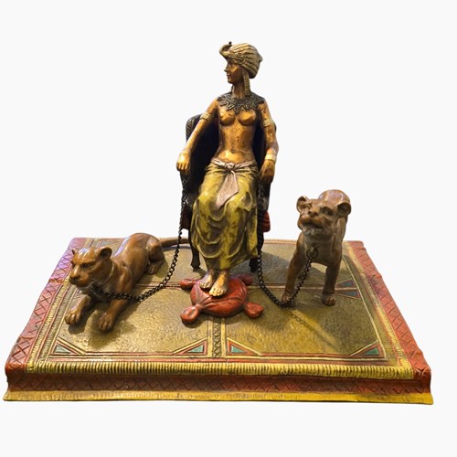 Antique Franz Bergman Cold Painted Bronze Of Cleopatra With Puma's Circa 1910
