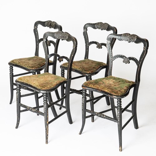 Set Of 4 Antique Ebonised Mother Of Pearl Chairs With Carpet Upholstery 19Th C.