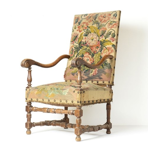 French Walnut Framed Armchair With Poppy Tapestry Upholstery, 19Th Century