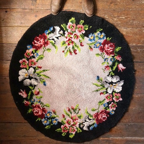 Vintage French Pure Wool Handmade Latch Hook Floral Rug, 1940S