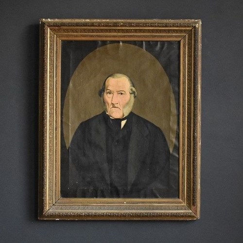Antique Naive Cornish Portrait, Original 18Th Century Oil On Canvas Painting