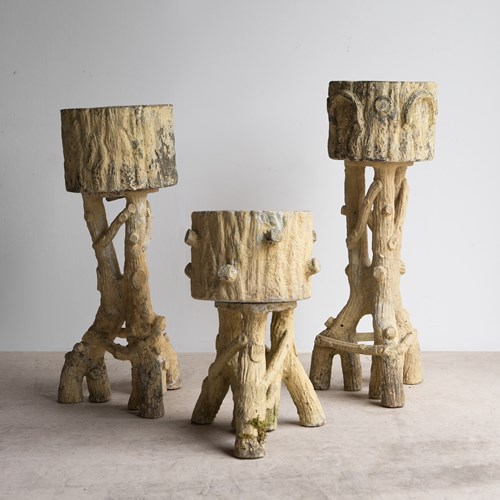 Set Of Three Antique French Terracotta Faux Bois Planters On Stands, C. 1900 