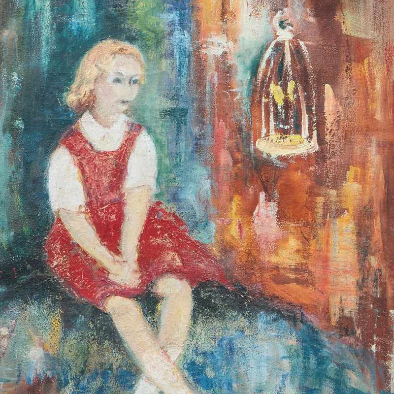 Expressionist Portrait Of A Girl With A Bird Cage, Original Vintage Oil Painting-rag-and-bone-bird-cage-girl-detail-close-up-1-rtg-main-638199268510420259.JPG