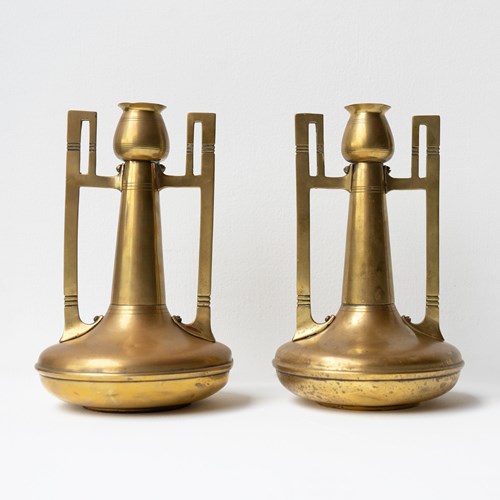 Pair Of Antique Art Nouveau Brass Vases By Gustave Serrurier-Bovy C.1905