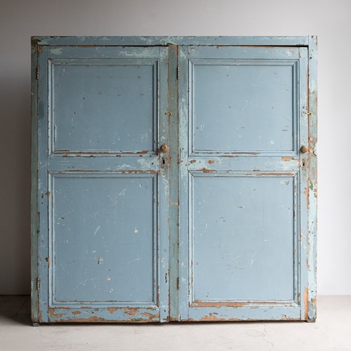 Large Antique Cornflower Blue Painted Pine Cupboard, 19Th Century 