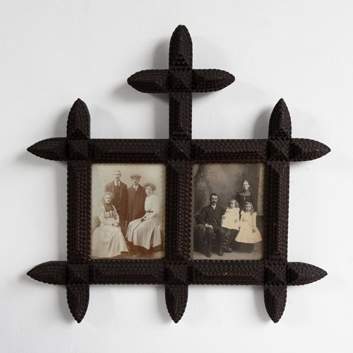 Antique Tramp Art Double Picture Frame With Original Portrait Photographs