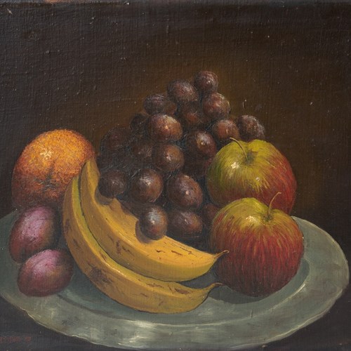 Antique Original Naive Still Life Oil Painting Depicting Fruit, Early 20Th C.