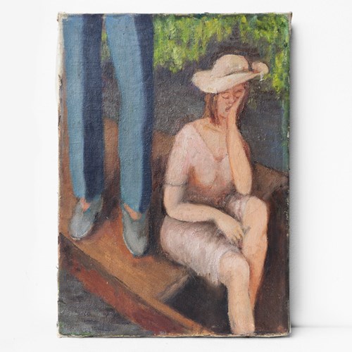 Portrait Of Fed Up Woman Boating, Vintage Original Oil Painting