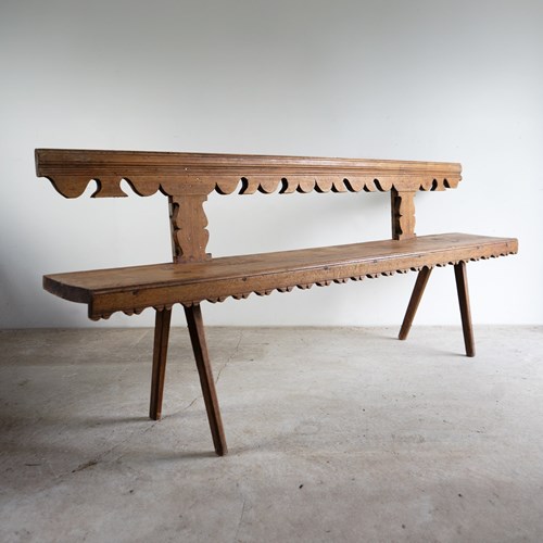 Antique Hungarian Folk Art Carved Pine Bench, 19Th Century