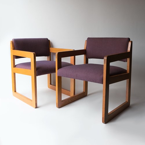 Pair Of Vintage Sculptural Upholstered Oak Cube Armchairs, C. 1970’S