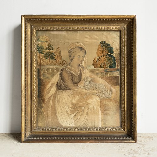  Antique Georgian Silkwork Embroidery Depicting A Woman With A Lamb, Yorkshire