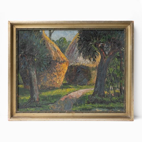 Tropical Huts Jungle Landscape, Original Antique Belgian Oil Painting, 20Th C.