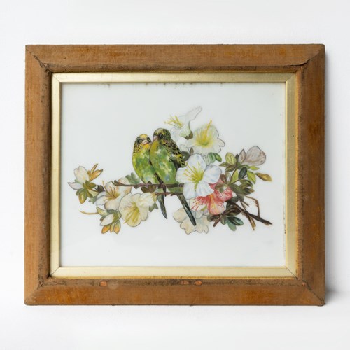 Antique Naive Portrait Of Budgies (Common Parakeet), Original Oil On Porcelain