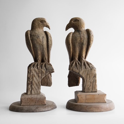 Pair Of Antique French Folk Art Carved Oak Falcon Figures, Wood Bird Sculptures